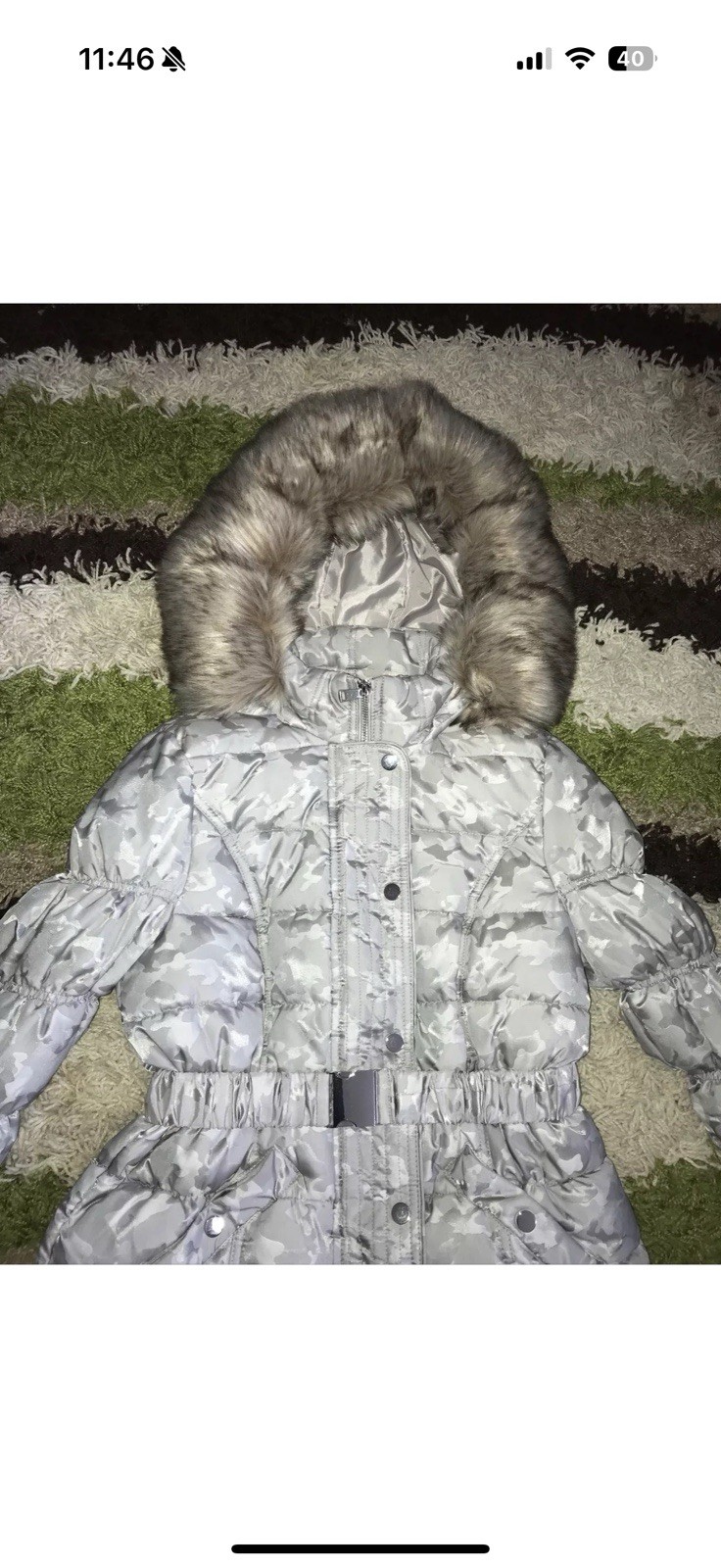 Ladies Size 10 River Island Grey Camo Print Puffer Jacket Belted Faux Fur Hood image 9