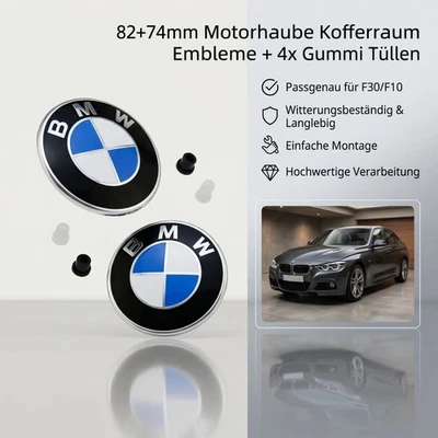 2x Emblem + 4x Gummitüllen 82mm 74mm Motorhaube Heckklappe für BMW E39 E36 3/5er - Bild 1 von 4