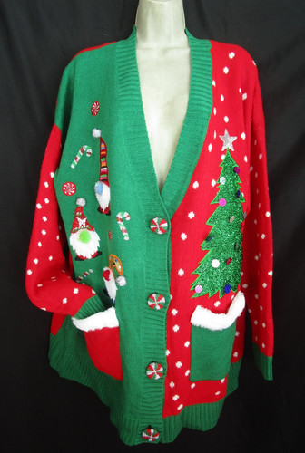 Holiday Time Ugly Christmas Party Teacher Cardigan Sweater Santa Gnomes Elf XXL