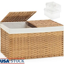 Wicker Storage Basket W/ Lid Removable Lining Easy Assembly Foldable Organizer