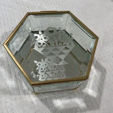 Brass Footed Etched Glass Hexagon Trinket Box
