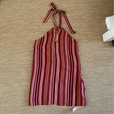 NWT Reformation Bibi Halter Vertical Striped Low Back Mini Dress Rio Stripe Red
