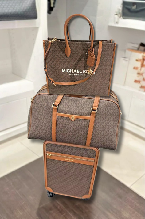 Michael Kors Brown 3-Piece Travel Set with Trolley Suitcase Weekender and Tote