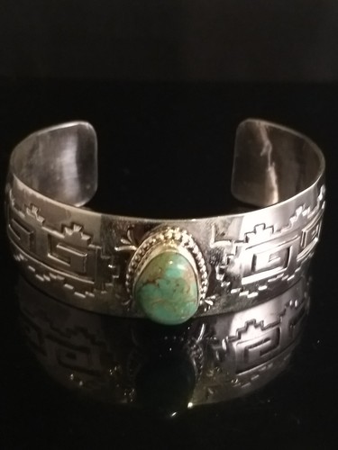 Unisex Native American Navajo Sterling Silver Turquoise Cuff Signed Elouise Kee - Picture 3 of 11