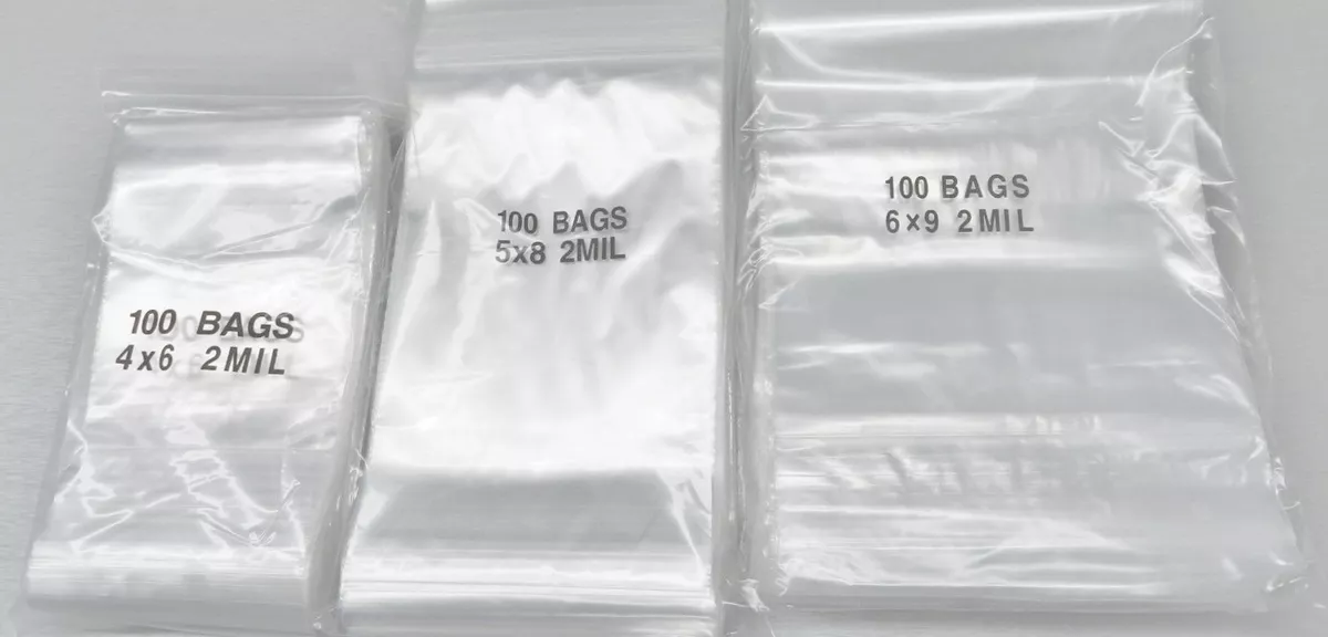 5 x 8 zip top reclosable plastic storage bags, 2 mil thick, 100