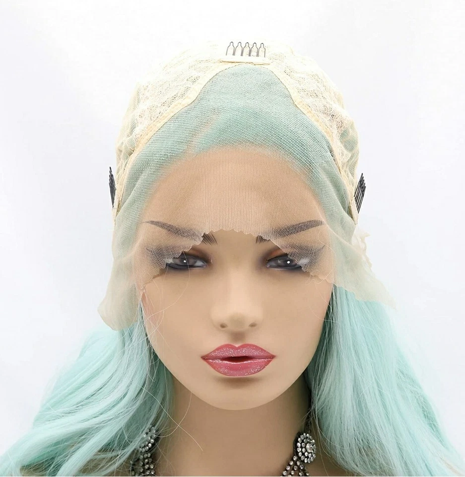 Peluca frontal de encaje HD azul como nueva capas largas arco iris humano mezclado disfraces sirena Foto 4 de 4