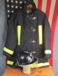 Vintage Firefighters Helmet w/ Bunker Turnout Jacket/Coat Annville Fire Dept PA.