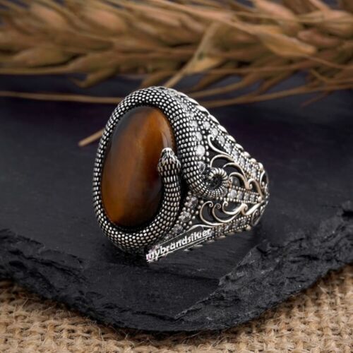 Solid 925 Sterling Silver Turkish Handmade Jewelry Tiger's Eye Men's Ring  - Picture 1 of 3