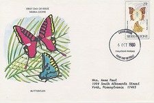 SIERRA LEONE 1980 FIRST DAY COVER - BUTTERFLIES - PEARL CHARAXES