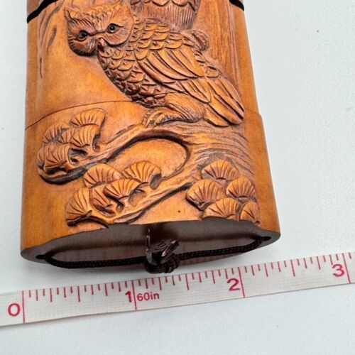 Hand-Carved Owl Inro Box Hard Wood Netsuke Ojime on Cord Signed - Picture 12 of 14