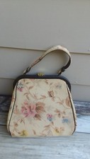 Vintage 60s tapestry purse beige w/ muted mauve, heather, yellow, tans w/strap