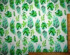 Tropical Fabric By Yard Green Blue Floral Leaves White Premium Cotton Hawaiian 