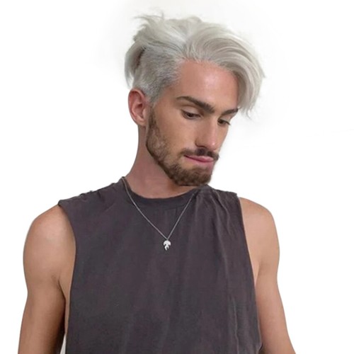 Men Wig Silver Glay Short Layered Wavy Hair Synthetic Natural Toupee Daily Party - Picture 2 of 4