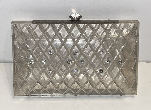 SALE**LUCITE** CLUTCH 1950's VINTAGE LADIES PURSE CLEAR RHINESTONES DIAMOND🌺🌺 - Picture 3 of 11