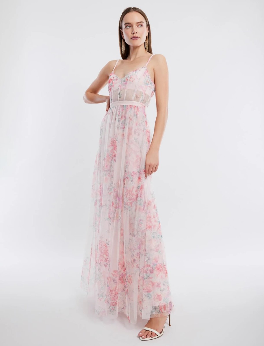 【BCBGMAXAZRIA】　フローラルフリルドレス Amazon.com: BCBGMAXAZRIA Women's Sleeveless V Neck Pleated