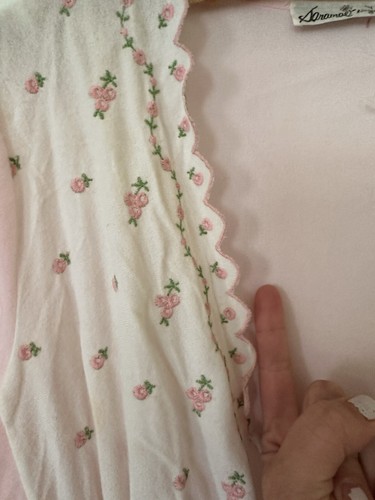 Vtg 60s Saramae Fleece Pajama Gown Nightgown Pink Floral babydoll Embroidery S M - Picture 4 of 9