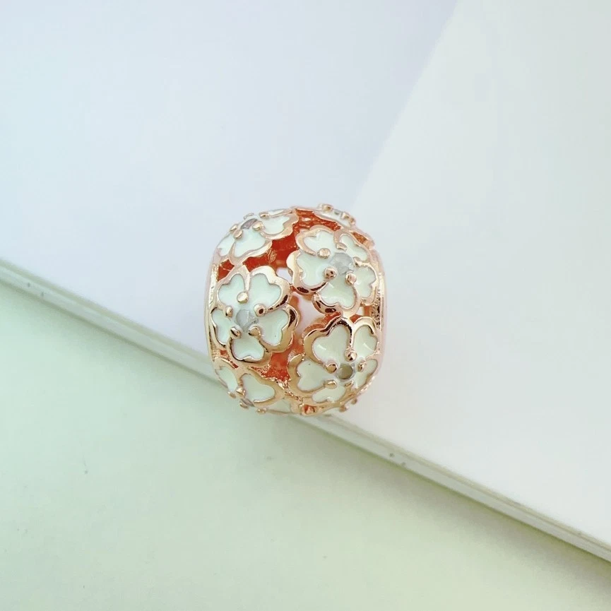 Esmalte blanco flor de prímula oro rosa circonita cúbica dije cuentas se adapta a pulsera Euro/Momentos Foto 2 de 4