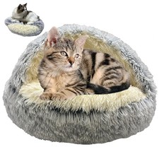 Cozy Furry Cave Bed for Cat Dog, Enclosed Round Plush Puppy Hooded House for ...