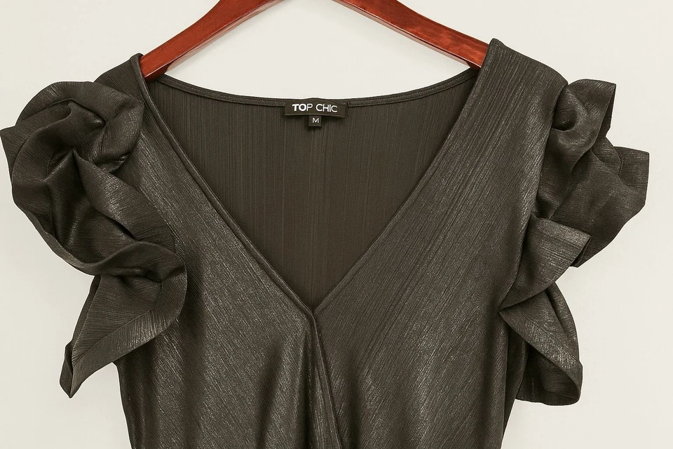 Black Metallic Ruffle Sleeve Bodysuit – Elegant Shimmer Top Chic Style (Size M) - Image 3 of 4