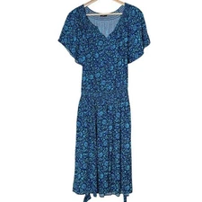 Talbots Smocked Folk Floral Tie Waist Knee Length Dress Size 1X Blue Flutter
