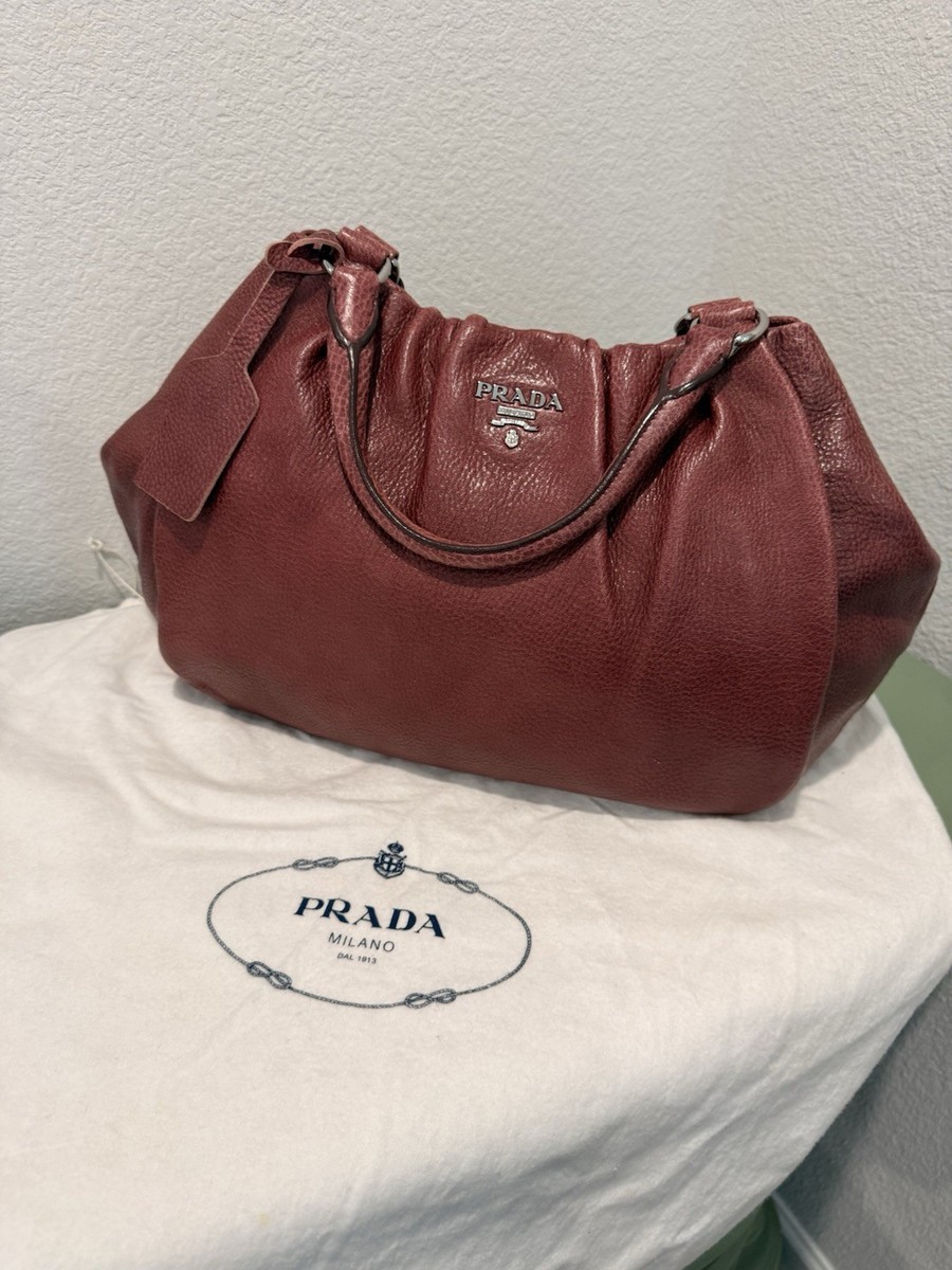 Vintage PRADA Burgundy Shoulder Bag Snap Closure Logo Tag Dust Bag