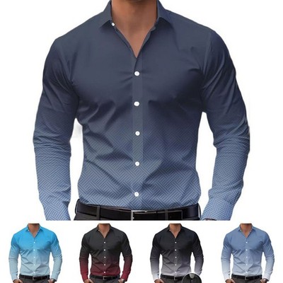 Mens Long Sleeve Shirt Casual Gradient Color Buttoned Collar Light Fabric