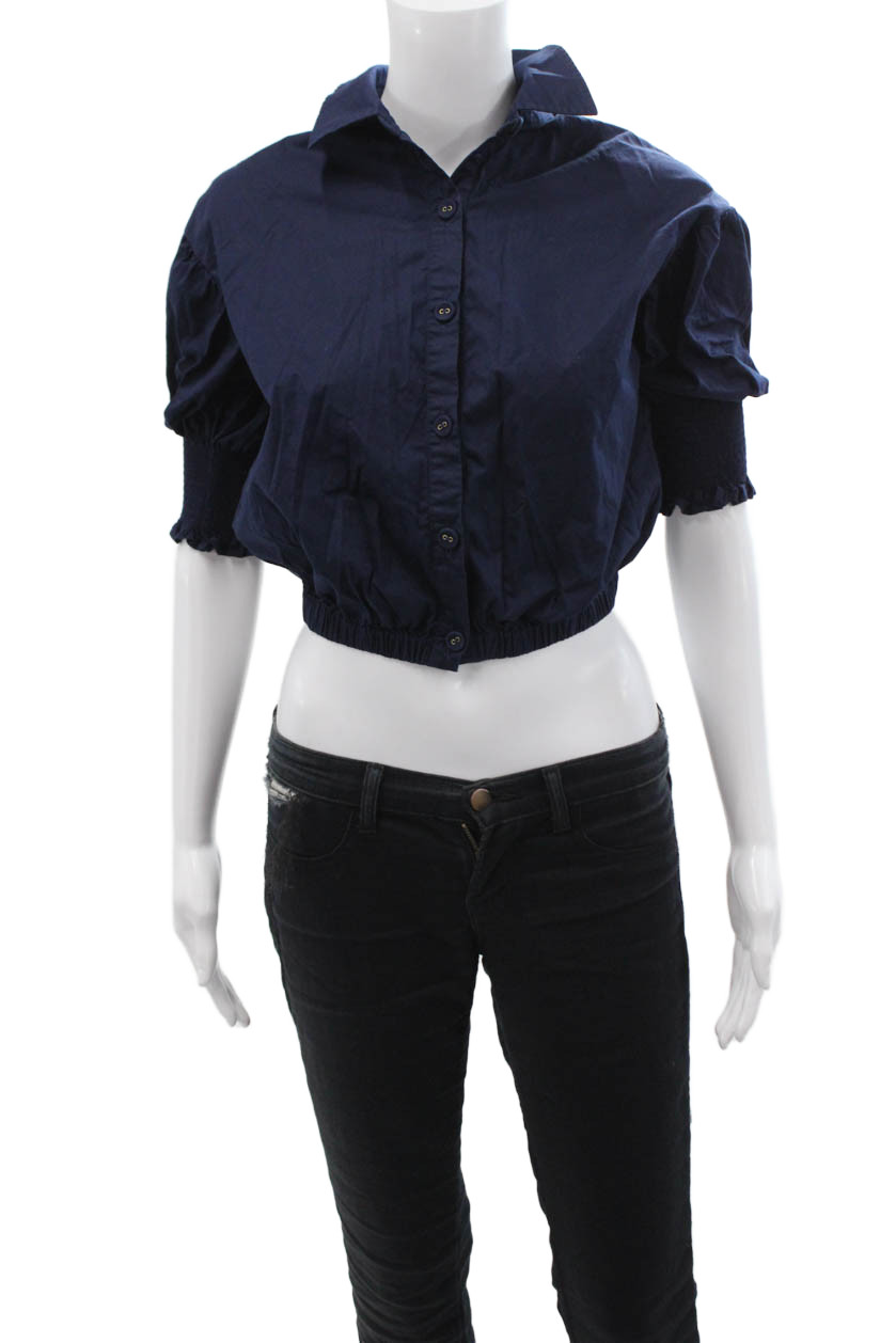 Ramy Brook Women Cropped Dark Blue Button-Up Blouse Short Sleeve Size 2XSFree Shipping in US $100+ Orders | $6.95 Orders Below