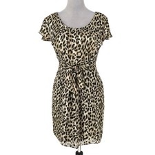 Guess Dress Womens 4 Beige Black Animal Print Chiffon Side Zip Tie Waist Lined