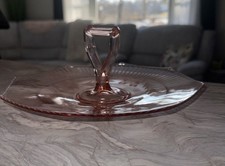 VINTAGE PINK DEPRESSION GLASS SERVING DISH W/ CENTER HANDLE