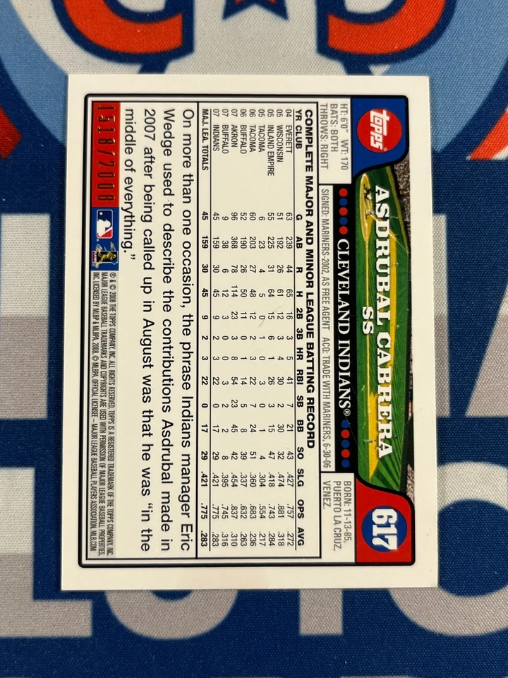 2008 Topps Gold /2008 Asdrubal Cabrera #617 Very Good Indians - Image 2 of 3