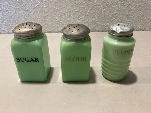 Jadeite ribbed Flour, Sugar, Pepper Jeanette range top glass