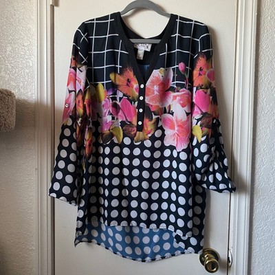 Joseph Ribkoff Tunic Top Black White Polka Dot Floral Grid Button Blouse