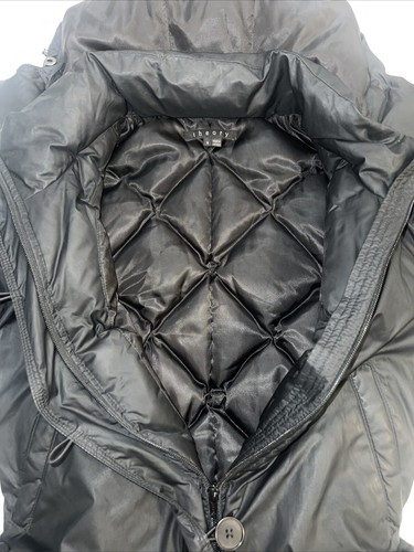 THEORY Women’s Size Small Black Puffer Hooded Mid-length Coat Jacket Down Filled - Picture 10 of 11