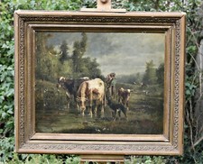 Paysage Avec Vaches Au Fleuve – Huile Sur Toile – Signé, Avec Cadre