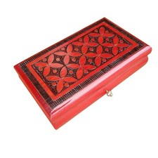 WOODEN CARVED JEWELLERY BOX 25 CM LONG, LOCK AND KEY IN RED COLOR