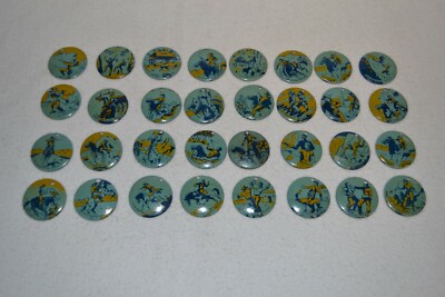 Vintage 1950s Eppy Tin Litho Cowboy Metal Picture Buttons Pinbacks 32 Different