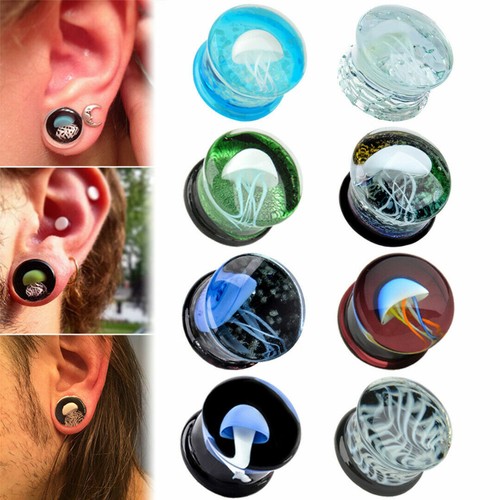 2Pcs Jellyfish Flesh Tunnels Glass Saddle Ear Plugs Ring Gauges Earring Piercing - Picture 1 of 22