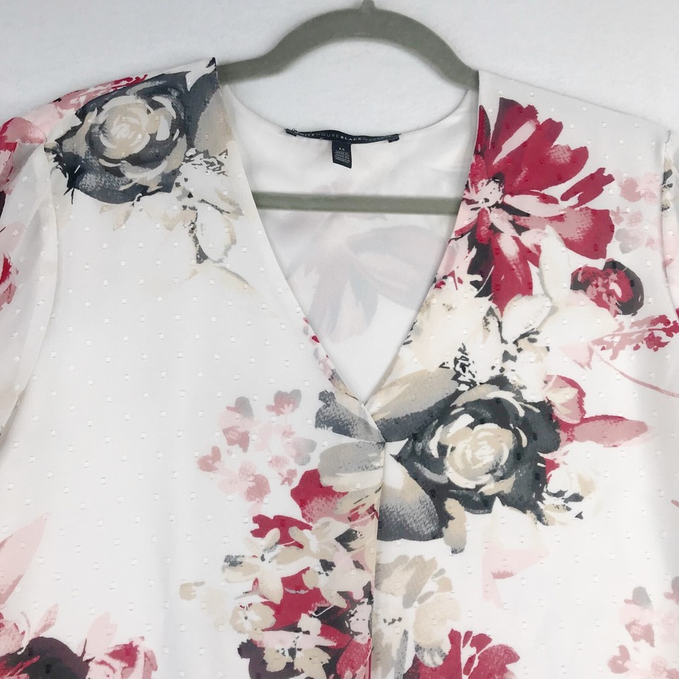 White House Black Market WHBM Top Womens 14 White Red Floral Swiss Dot