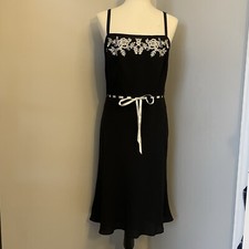 Ann Taylor Loft Dress 100% Silk Sz 8 Black Embroidered Cream  LBD