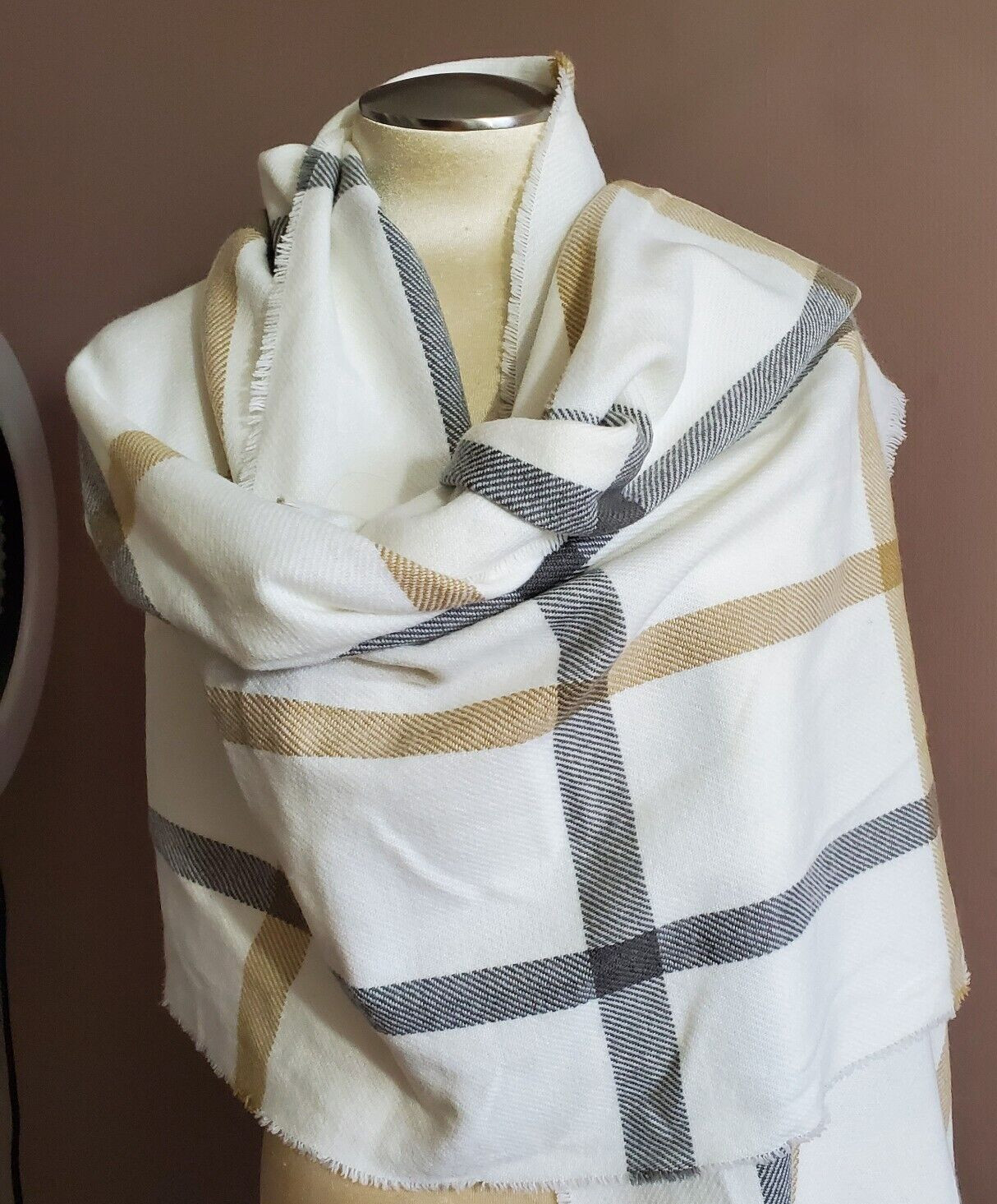 Primark Shawl Wrap Scarf Cream Beige Gray Plaid Reverse Self Fringe 28x70" NEW