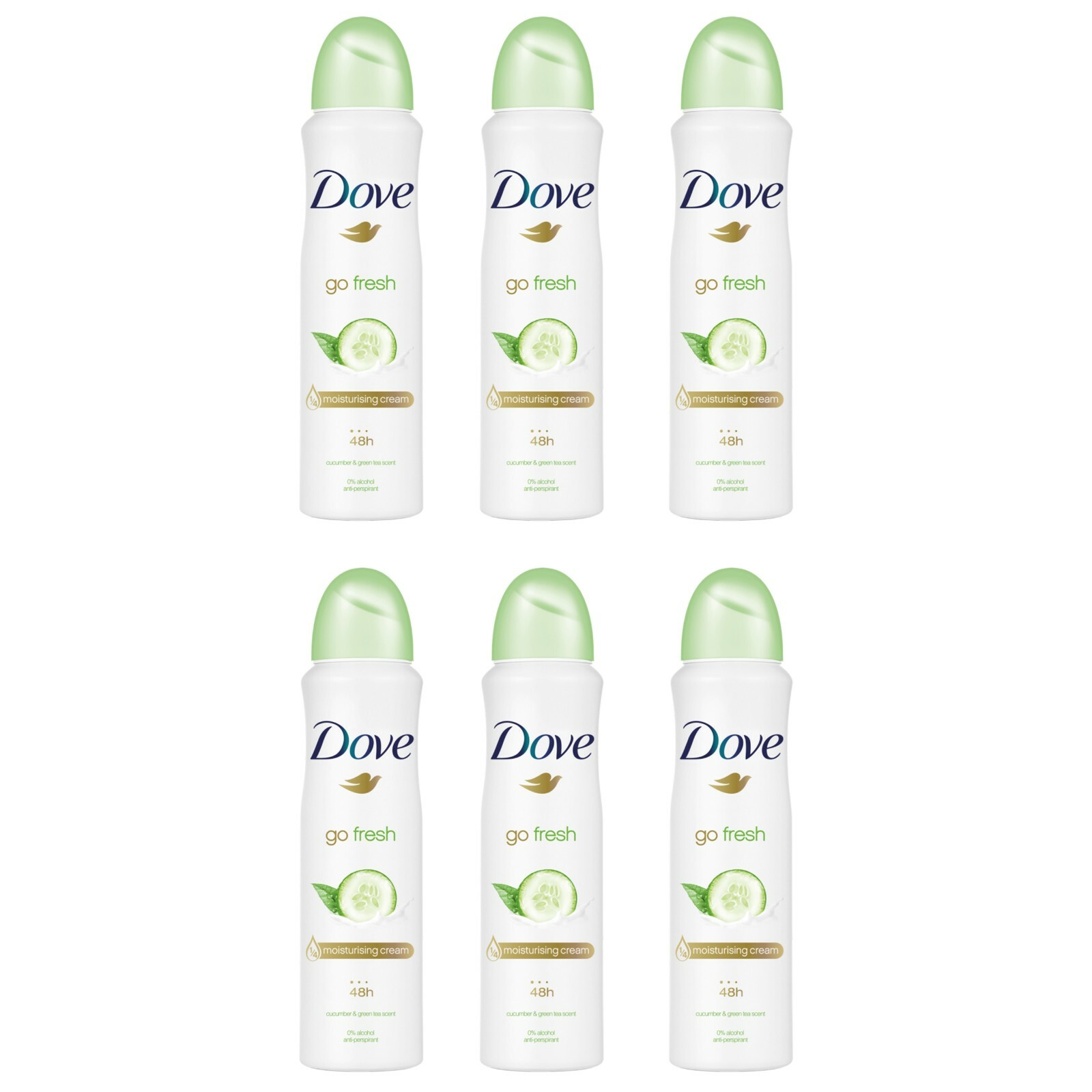 6 pezzi DOVE GO FRESH Cetriolo & Tè Verde Deodorante spray 48H deo corpo 150ml
