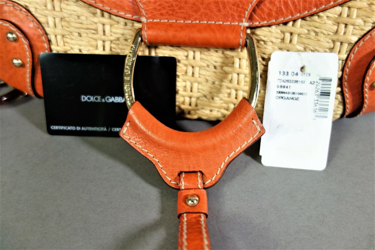 DOLCE GABBANA Orange Leather Beige WickerTote Shoulder Bag