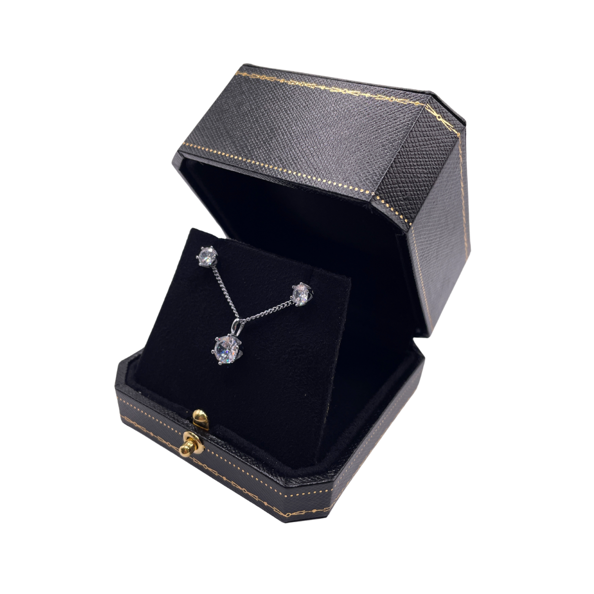 White gold finish round cut 6claw created diamond stud earrings and necklace set