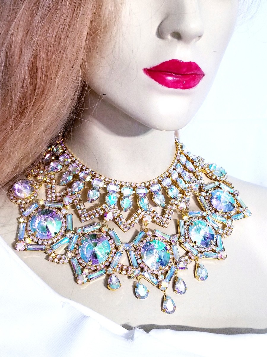Iridescent AB Crystal Choker Rhinestone Resin Necklace Bridal Prom