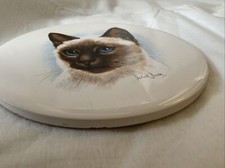 Derick Brown Tile Trivet Siamese Kitty Cat Ceramic Round Cork Back 6in BC Canada