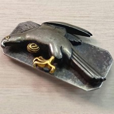 Antique Japanese Metalwork Clasp HAWK FALCON Silver Gold Meiji Era