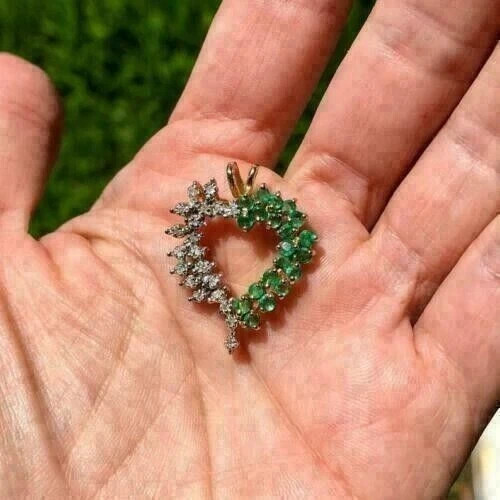 1.50 Ct Round Cut Lab-Created Emerald/Diamond Heart Pendant 14k Yellow Gold Over