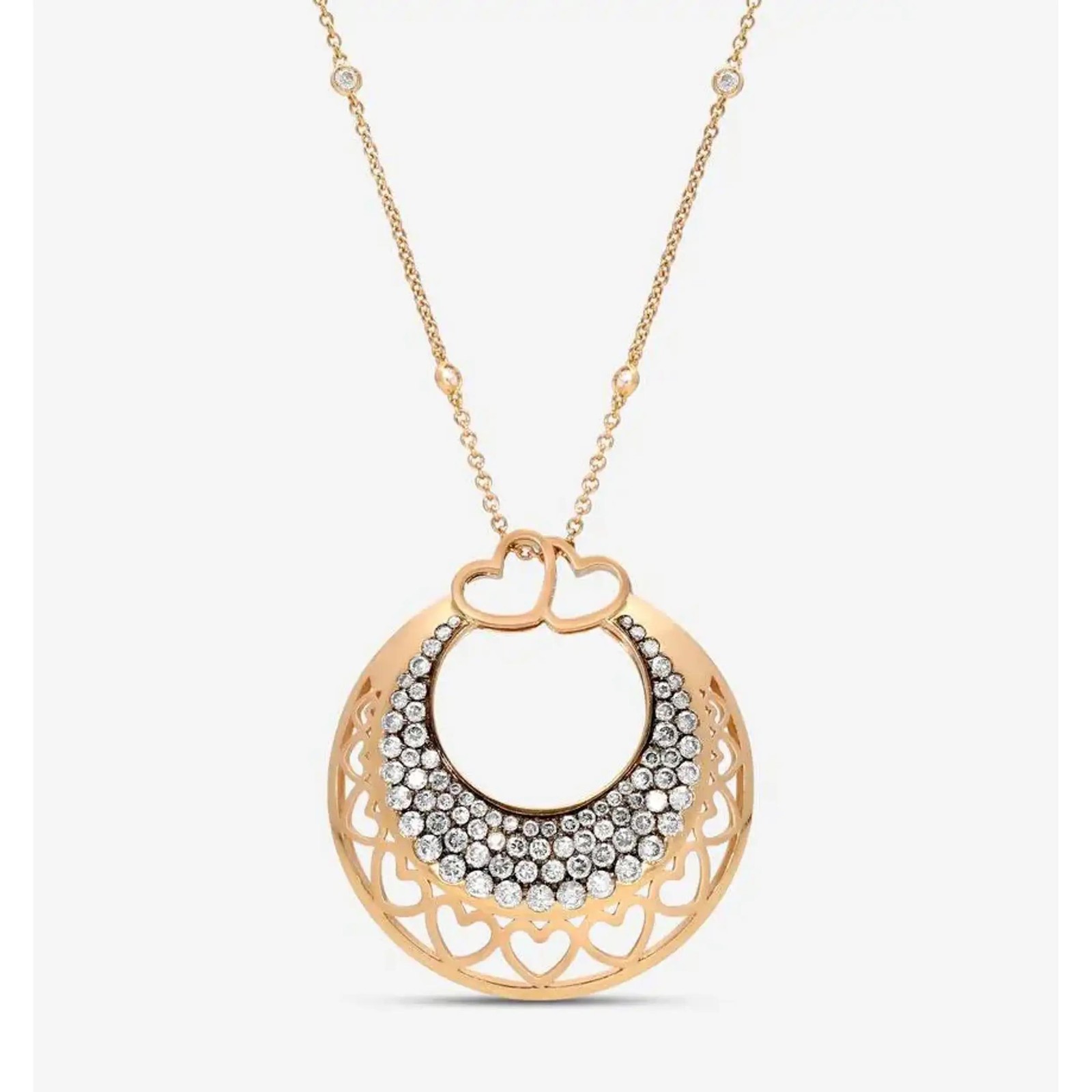 Crivelli Ricami Heart White & Brown Diamond Pendant Necklace 18K Rose Gold