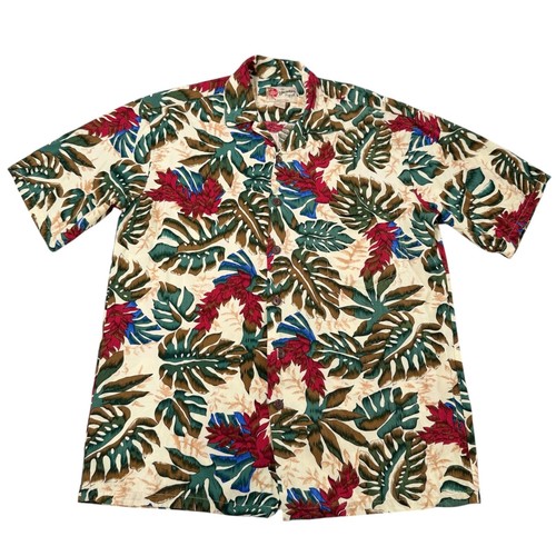 VTG Hilo Hattie Hawaiian Shirt Mens Medium Cream Monstera Ginger Flower Hawaii