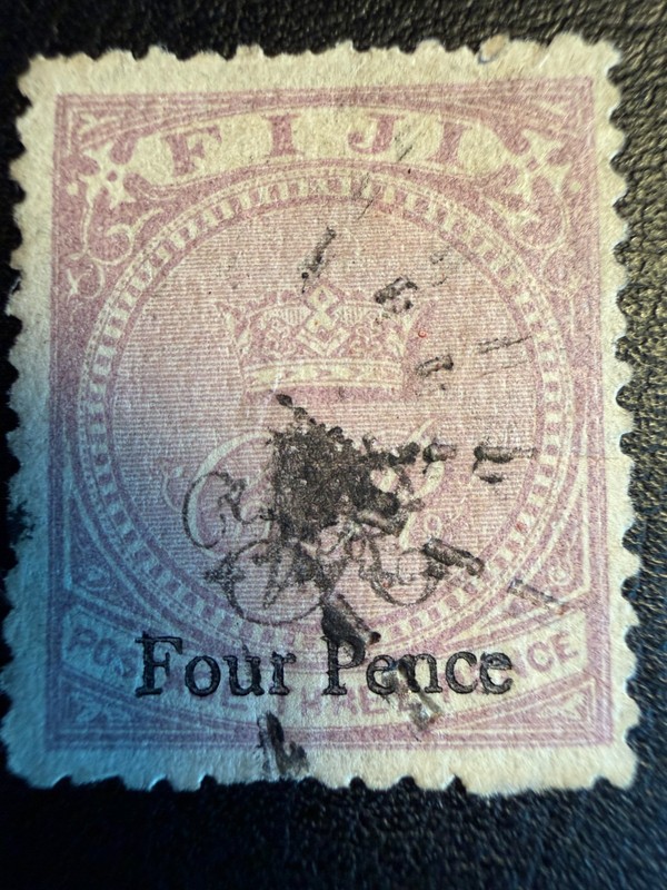 Fiji 1875 4d Four Pence on 3d Lilac CR Cakobau Rex Surcharge Used Stamp Rare